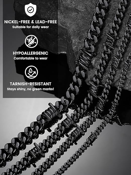 Bestyle Barbed Wire Necklace 5/7/9/12mm Mens Chain Necklaces Hip-hop Punk Gothic Stainless Steel Chain Heavy Thick Cuban Link Chain for Men Women, Length 16/18/20 Inch