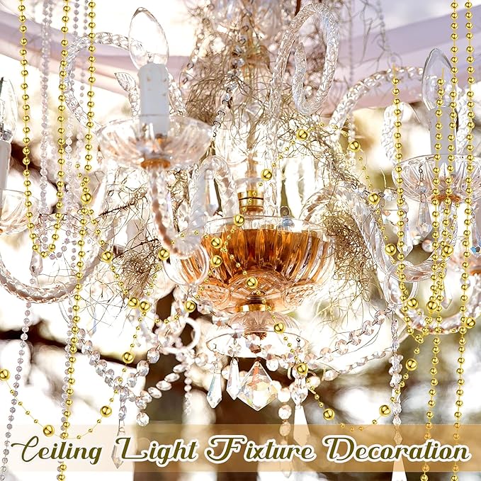 Bonuci 3 Rolls 66 Feet Pearls String Garland Faux Pearl Garland Spool Roll Strand Decoration Artificial Beads Chain Trim for Crafting String of Flowers Valentine Wedding Party(Gold,4mm)