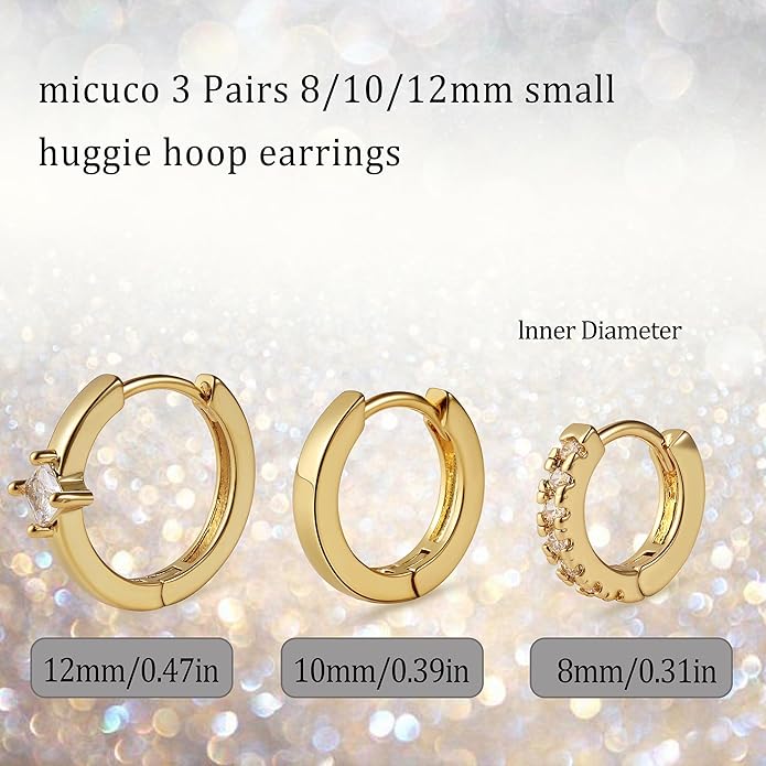 micuco 3 Pairs Small Hoop Earrings Set for Women, 14K Gold Plated Huggie Hoop Earrings for Men, Tiny Cartilage Hypoallergenic Earring Set