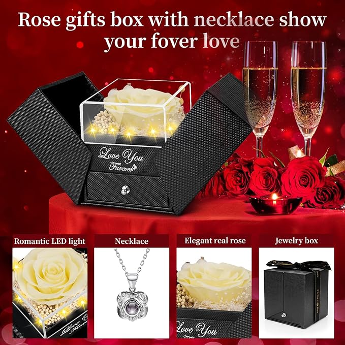 Preserved Lemon Yellow Real Rose with Heart I Love You Necklace -Eternal Flowers Rose Birthday Gifts for Women Her Mom Wife Girlfriend Grandma on Valentines Mothers Day Christmas Anniversary Romantic