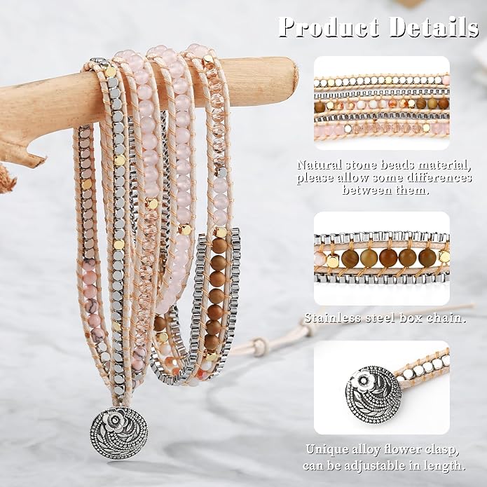 Boho 5 Wrap Bead Bracelet for Men Women - Handmade Adjustable Natural Chakras Stone Crystal Beaded Bracelets Cuff Rope Yoga Healing Bracelet Bangle Hippie Jewelry