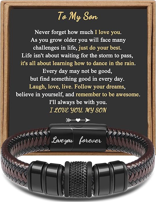 𝐆𝐢𝐟𝐭 𝐟𝐨𝐫 𝐌𝐞𝐧 Braided 𝐋𝐞𝐚𝐭𝐡𝐞𝐫 𝐁𝐫𝐚𝐜𝐞𝐥𝐞𝐭 for Men Dad Husband Boyfriend Son Grandson Brother Stainless Steel Clasp Engraved with Love You Forever Jewelry Birthday Gift 7.5 8.5 9 Inch