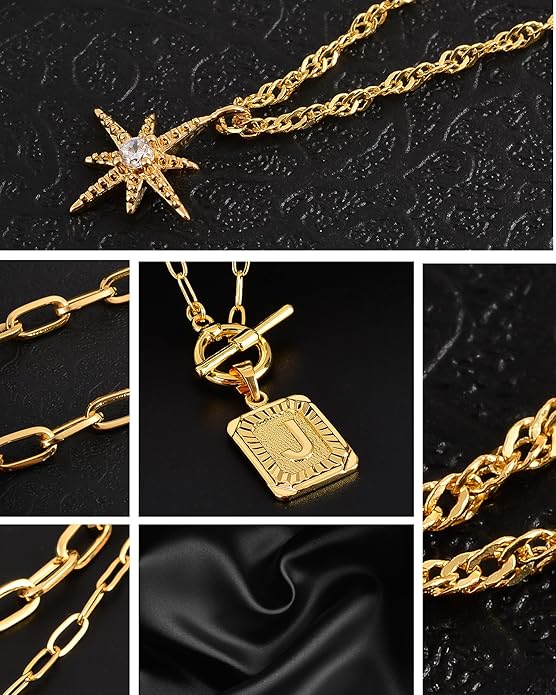 MJartoria Layered Initial Necklaces for Women Trendy, 14K Gold Plated Brass Simple Star Choker Square Letter Pendant Necklace, Paperclip Chain Necklaces Jewelry Gifts