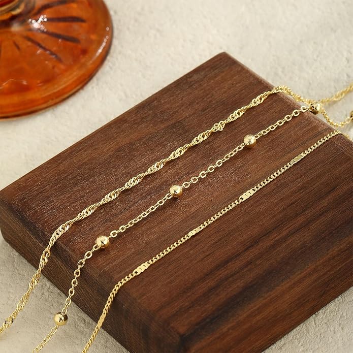 2/3 PCS Gold Anklets for Women Waterproof Cuban Link Anklet Beaded Bracelets Stackable Bracelets 14K Gold Plated Custom Jewelry Gifts Non Tarnish Lightweight