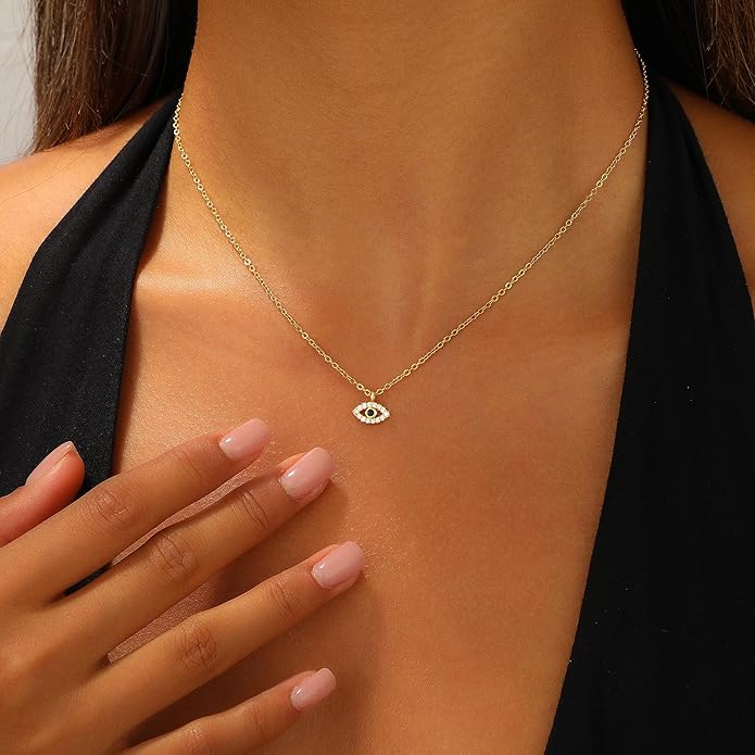 Evil Eye Necklace for Women,Dainty 14K Gold/Sterling Silver Plated Evil Eye Pendant Necklace Tiny Boho CZ Diamond Necklace Cute Trendy Lucky Protection Jewelry Gift for Women