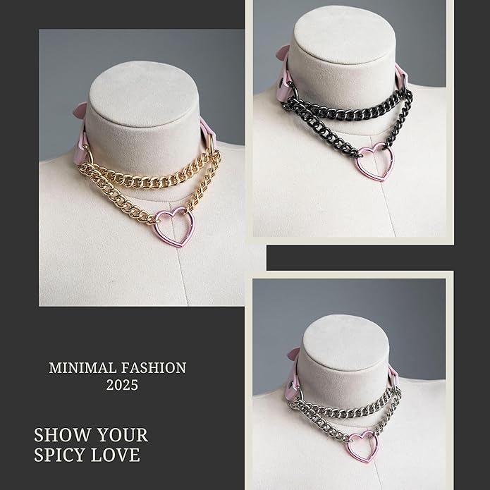 Black/Pink Leather Choker Necklace For Women, Handmade Adjustable Chain Collar with Metallic Heart Ring