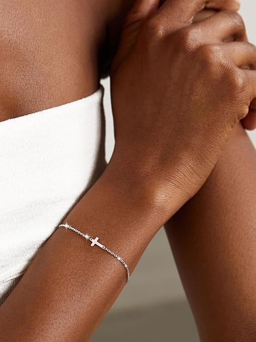 Moodear Christmas Gifts Sotcking Stuffers, Dainty 925 Sterling Silver/14k Gold Plated CZ Cross Bracelet Layered Snake Pearl Chain Knot Bracelets for Women Trendy Religious Christian Jewelry