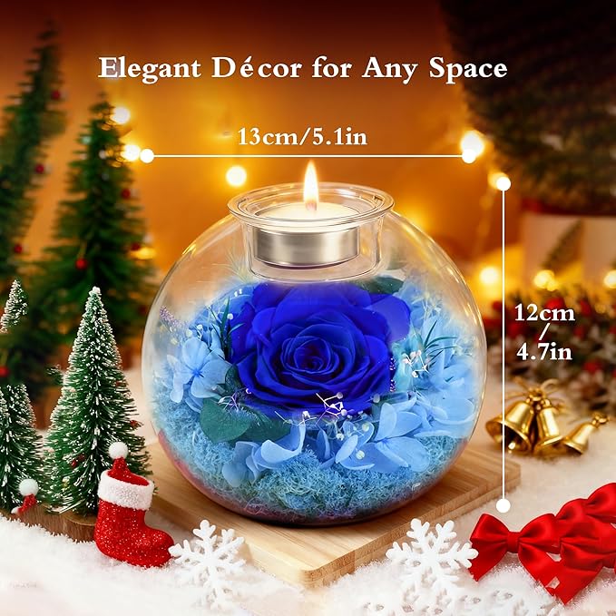 Forever Real Roses in Glass with Scented Candle, Christmas Gift Ideas Preserved Flower Christmas Gifts for Women Her Girlfriend Wife Mom on Valentines Birthday Anniversary Blue