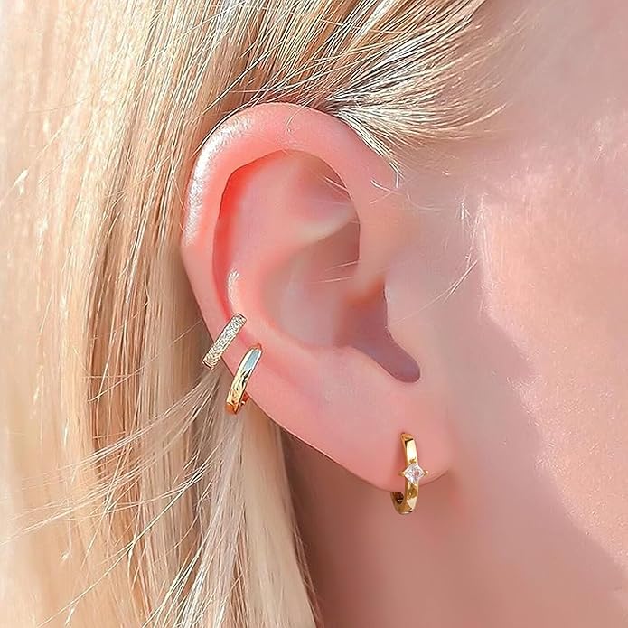 micuco 3 Pairs Small Hoop Earrings Set for Women, 14K Gold Plated Huggie Hoop Earrings for Men, Tiny Cartilage Hypoallergenic Earring Set