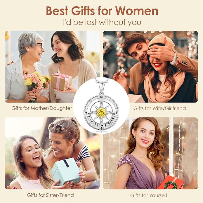 Zifeel Compass Necklace Gifts for Women wife - S925 Sterling Silver Birthstone Necklaces for Women - Anniversary Birthday Gifts for Her Wife Girlfriend - Valentines Mom Mothers Day Christmas Gifts Jewelry for Women