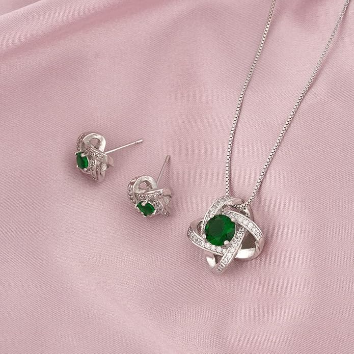 AMYJANE Bridal Jewelry Set for Women - Crystal Cubic Zirconia Love Knot Necklace Stud Earrings Elegant CZ Jewelry Set for Wedding Bride Bridesmaids Gift Set