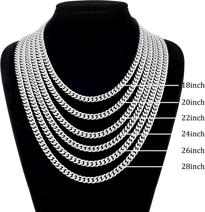 Fiusem Valentines Day Gifts for Him Silver Tone/Black/14K Gold Plated Chain Necklace for Men, 5mm/6mm/7.5mm/8mm/9mm Stainless Steel Cuban Link Chain Necklace, Men's Chains 18-28 Inch Jewelry Gifts