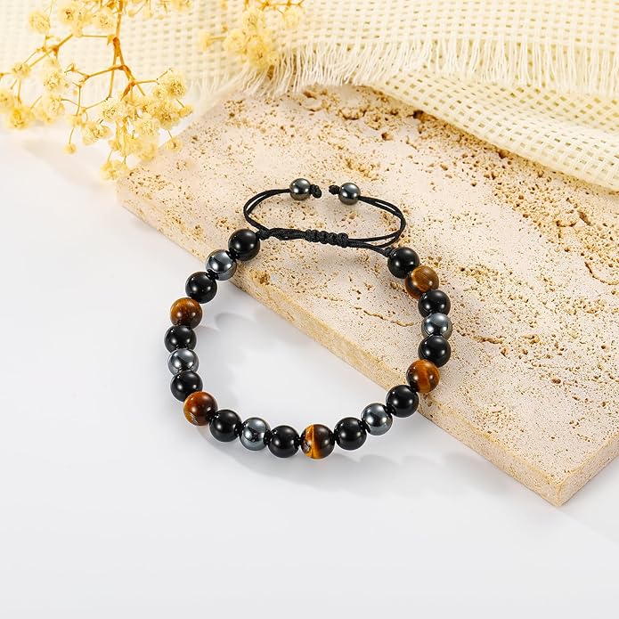 Triple Protection Bracelet for Men, Mens Black Obsidian Hematite Tiger Eye Beaded Natural Stone Evil Eye Bracelet Jewelry Gifts for Birthday Christmas
