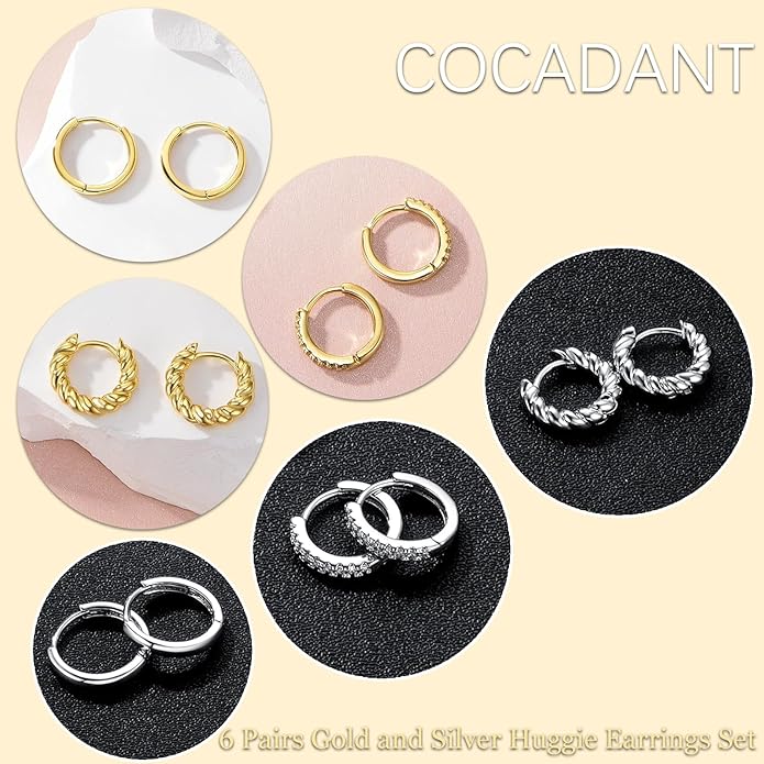 Cocadant 6 Pairs 925 Sterling Silver Small Hoop Earrings for Women,14k Real Gold Hypoallergenic Tiny Cubic Zirconia Cartilage Huggie Earring Sets for Multiple Piercing Trendy Jewelry 8/10/12mm