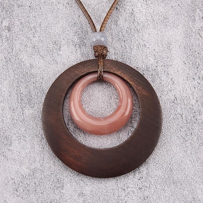 Long Boho Necklaces for Women Vintage Leather Wooden Pendant Y Choker Ethnic Style Gold Circle Hippie Sweater Necklace