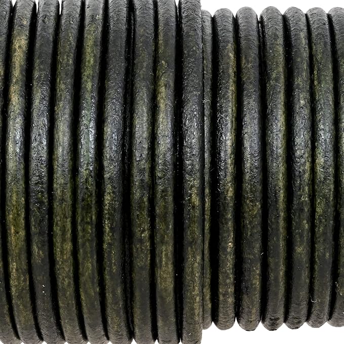 GENIQUE Real/Genuine Round Leather String Cord for Necklace, Bracelets, Jewelry, Kumihimo Braiding, DIY Projects (10 Metres) (3mm, Green Distressed)