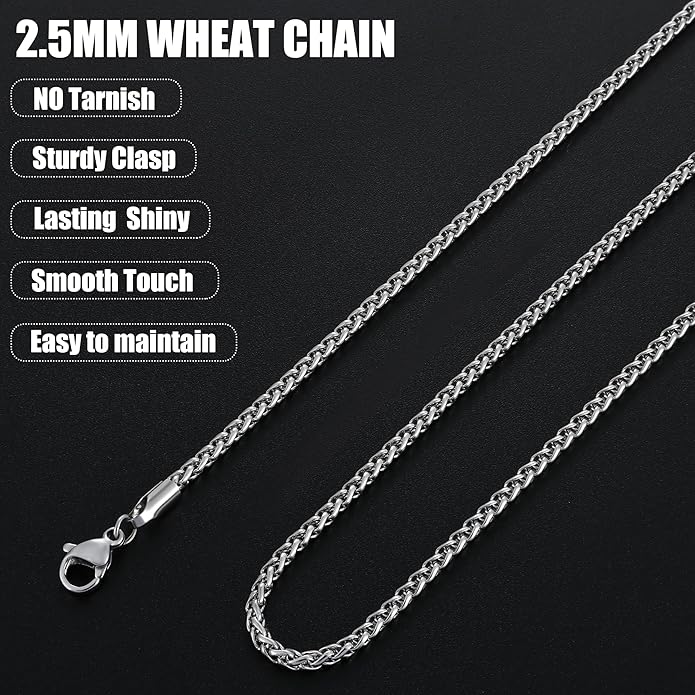 Fiusem Black Wheat Chains for Men and Women, 2/2.5/3/4/5mm Stainless Steel Necklace Chain, Mens Necklace Jewelry Gift 16-28 Inch