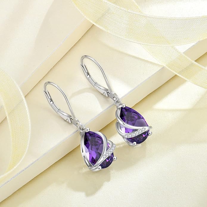 Birthstone Dangle Drop Earrings for Women 925 Sterling Silver Teardrop Leverback Earrings Jewelry Gifts for Wife Mother Her