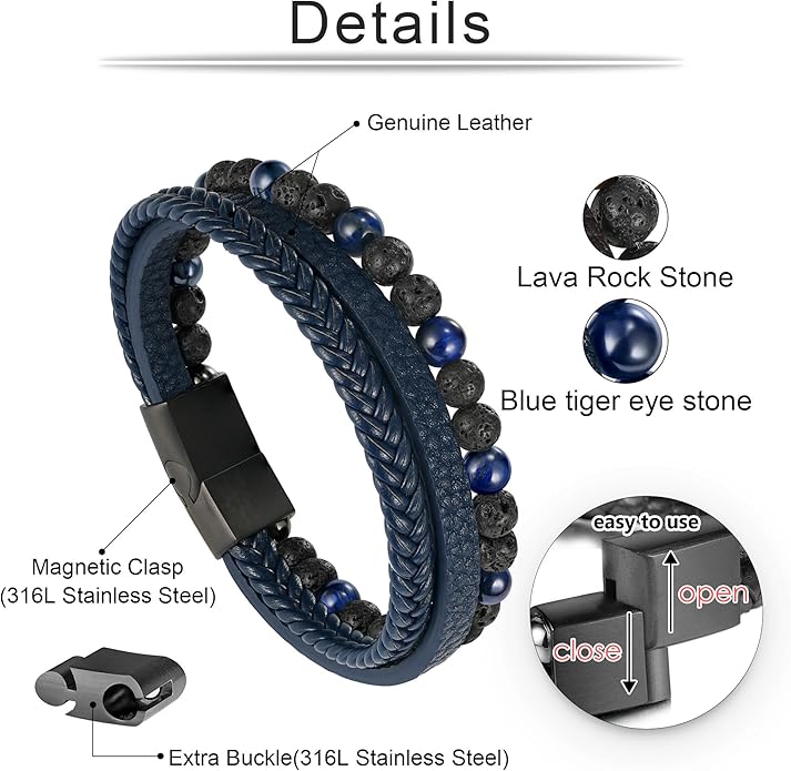 Gifts for Men - Layered Leather Beads Bracelet, Tiger Eye Lava Rock Stone Braided Leather Bracelets for Men Adjustable Magnetic Clasp Birthday Gifts