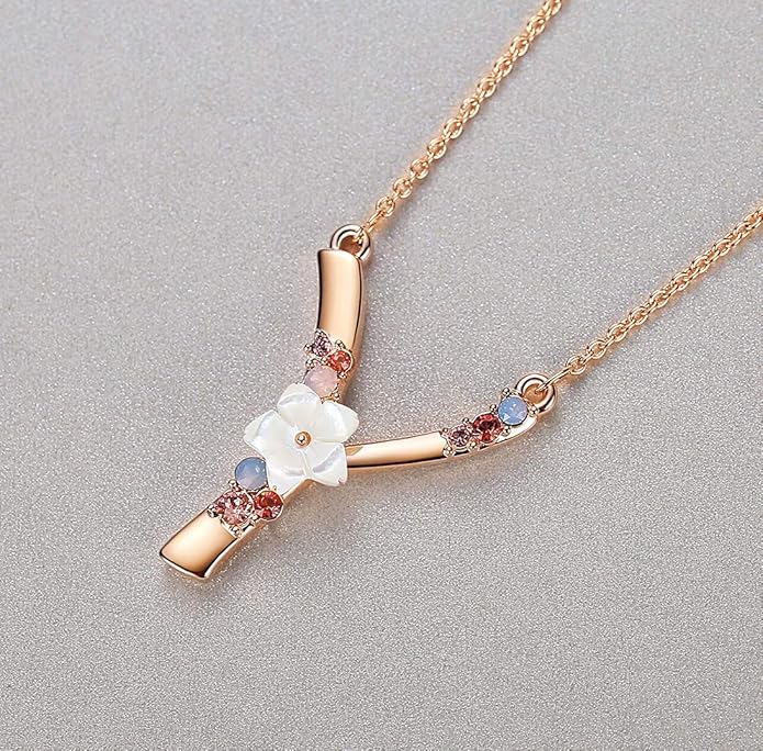 Flower Initial Letter Necklace Pink Red Blue Simulated Pearl Pendant Name Jewelry Made with Austrian Crystals Rose Gold Plated Anniversary Birthday Gifts for Women,18"+2"
