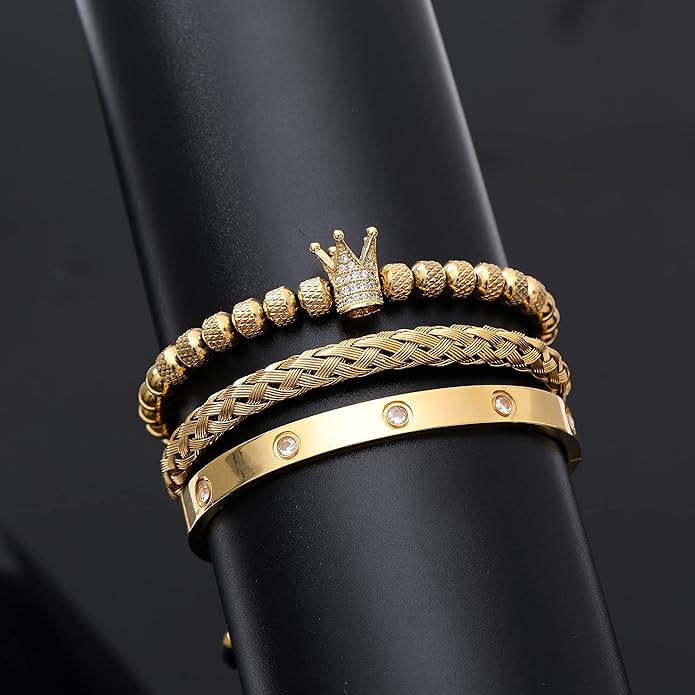 WFYOU 3PCS Stainless Steel Bracelets for Men Gold Roman Numeral Bangle Bracelet Twisted Cable Bracelet Adjustable Cuff Bracelet Mens Luxury Jewelry Bracelets Gifts