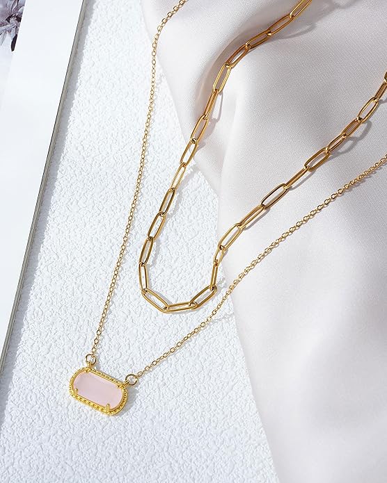 Lourny Gemstone Birthstone Pendant Layered Necklace for Women Trendy, 18K Gold Plated Paperclip Chain Preppy Choker Charm Necklace for Women Wife Jewelry