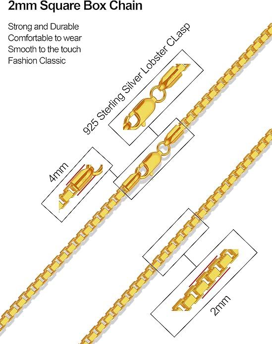 925 Sterling Silver Box Chain 2/3/4/5mm Necklace for Men Silver Link Chain for Women 16/18/20/22/24/26/30 Inches