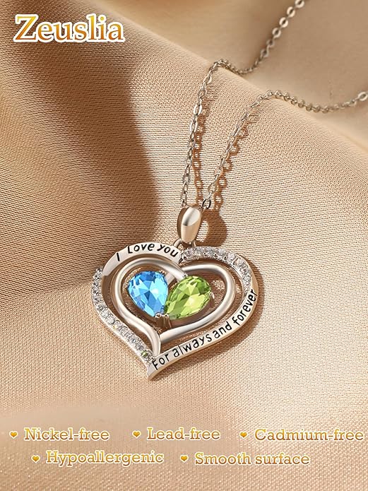 Zeuslia Double Birthstone Necklace Gifts for Wife - 925 Sterling Silver Sunflower/Rose/Crown Cross/Compass/Heart Pendant I Love You Necklace, Anniversary Birthday Gifts for Wife Girlfriend Mom Her