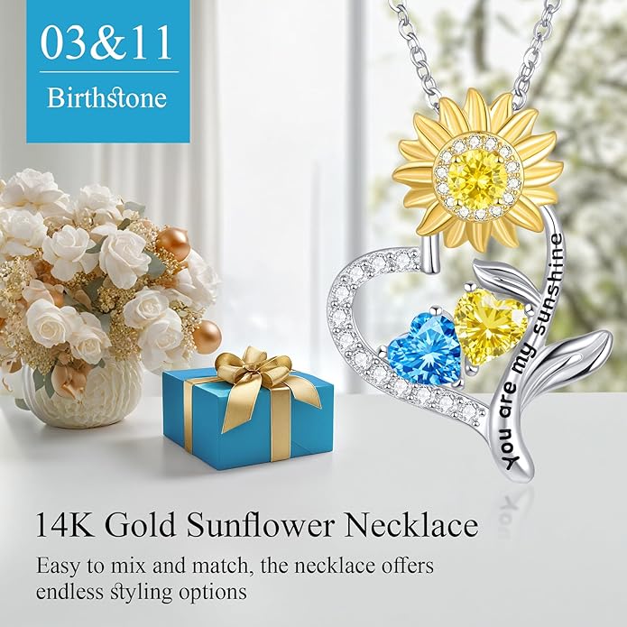 PERJI Valentine's Day Gifts for Women - 925 Sterling Silver Double Birthstone Sunflower Necklace, Anniversary Birthday Jewelry You are My Sunshine Gifts for Wife Couple Girlfriend 18"+2" Non Tarnish