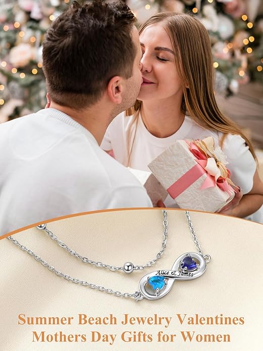 Custom4U Personalized Infinity Ankle Bracelets for Women 925 Sterling Silver Anklet Bracelet Endless Love Symbol Birthstone Charm Adjustable Foot Chain Jewelry Mothers Day Gifts for Mom Wife Women Her