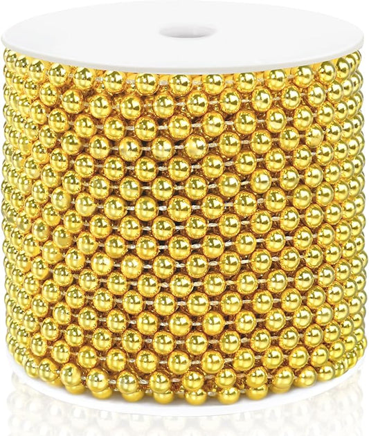 Craft String Pearls 6MM Pearl Bead, 66 Feet Gold Faux Pearl Garland Spool Roll Strand Wedding Party Decoration, Christmas Tree Decorations