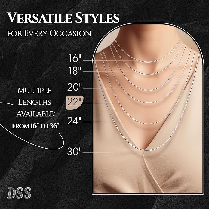 DSS 925 Sterling Silver Necklace for Women, 8 Sided Snake Chain 1.6mm, Lobster Claw Clasps, Sterling Silver Chain, Italian Jewelry for Women, 16in - 30in