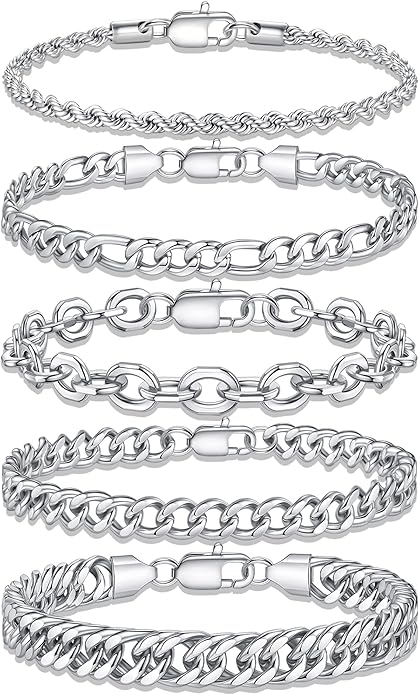 Yoosteel Mens Bracelets - Silver Chain Bracelet Stainless Steel Cuban Link Stack Bracelets Sturdy Rope Paperclip Chains Set 7.5/8.3/9 inches Trendy Jewelry for Men