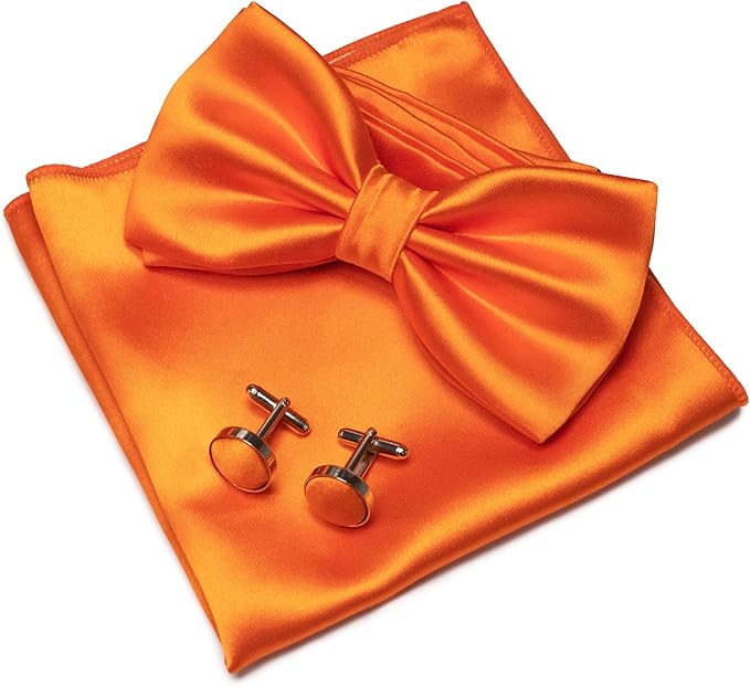JEMYGINS Solid Color mens Pre-tied Bow Tie and Pocket Square Cufflinks Sets with Gift Box