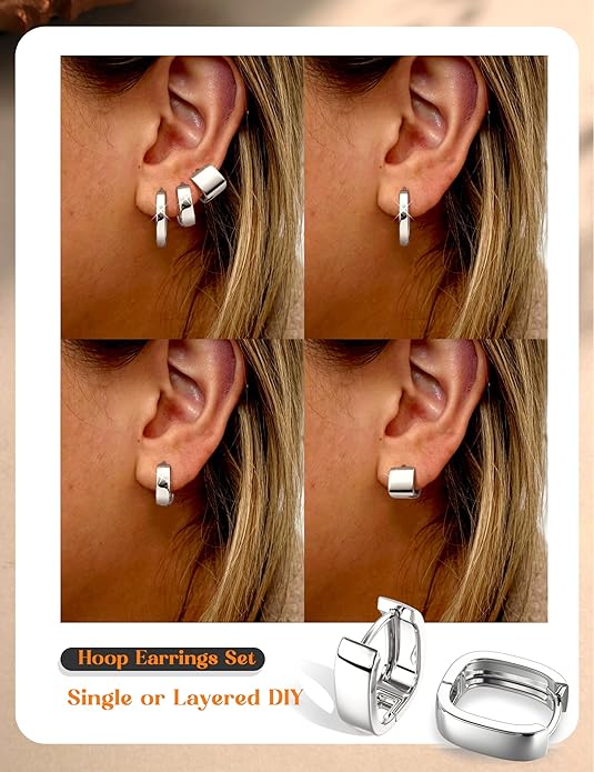 Florideco 3Pairs Chunky Gold Earrings Set 14K Gold Plated Hoop Earrings for Women Trendy Small Thick Huggie Hoops Earring Lightweight Silver Hoop Earring Sets for Multiple Piercing