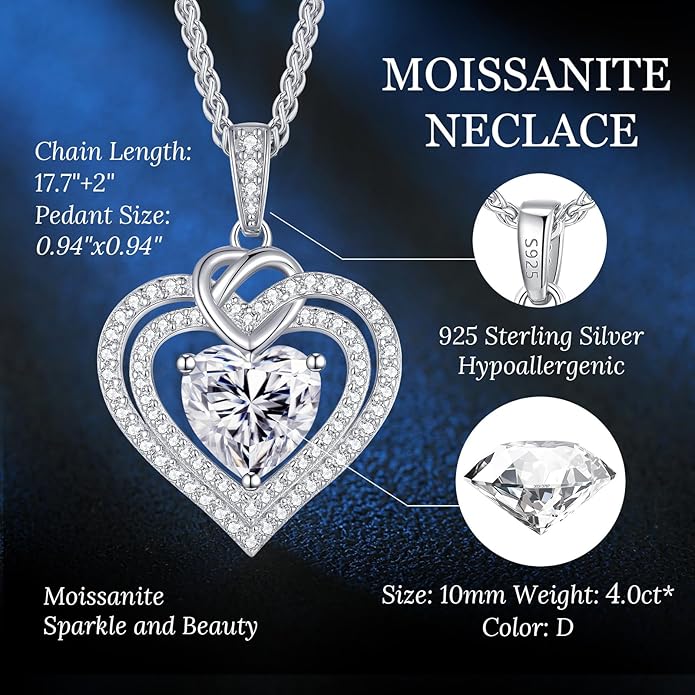 OOBEE Moissanite Heart Necklaces for Women, 1- 4 Carat Moissanite 925 Sterling Silver Gold Plating Fine Women Necklace，Ideal Anniversary Birthday Christmas Valentine Mothers Day Jewelry Gifts for Mom Wife Her Girlfriend