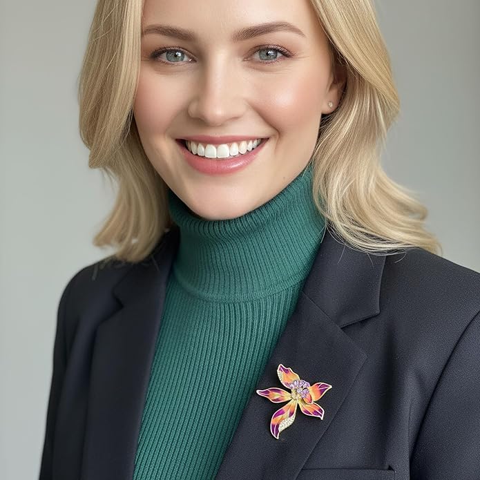 Multi-Color Enamel Flower Brooch For Women Gold Tone with Blue Zircon Crystal Accents, Vibrant Brooches Pin for Dresses Blazers