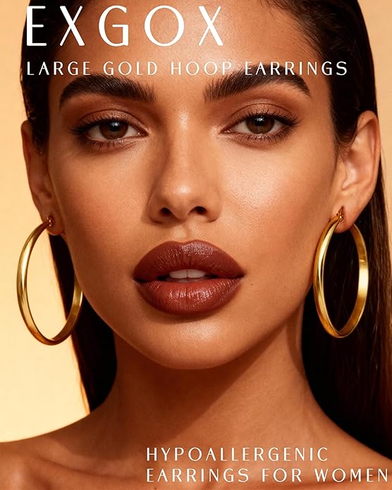 EXGOX 5mm Wide Gold Hoop Earrings for Women,Sterling Silver Hoop Earrings Large Silver Hoop Earrings Hypoallergenic Lightweight 14K Real Gold Plated Big Hoop Earrings for Women 30/40/50/60/70mm