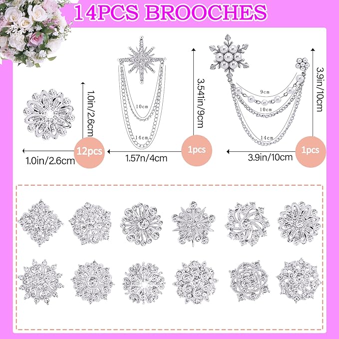 Yhsheen Silver Rhinestone Brooches Pin Kits Crystal Pearl Brooches for Bouquets for Wedding Decoration Accessories Jewelry Making Crafts(Sliver-14PCS)-A
