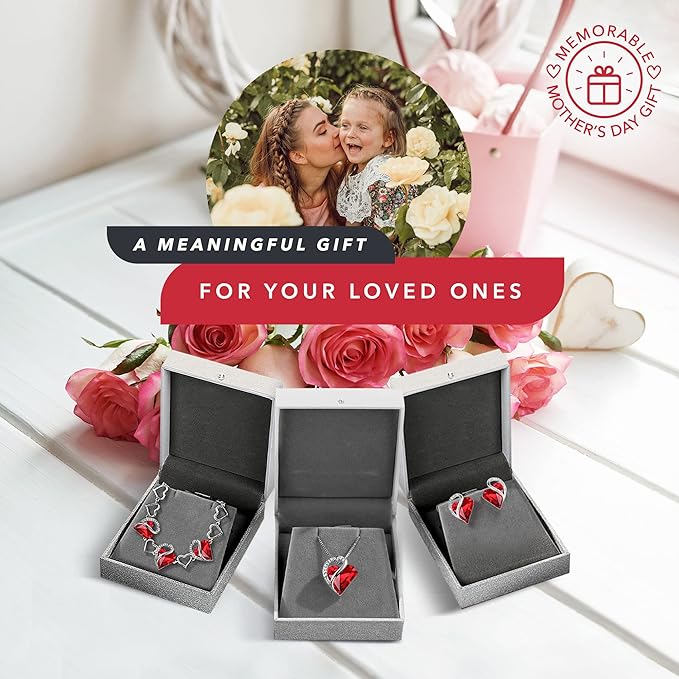 Leafael Infinity Love Heart Necklace, Stud Earrings, and Bracelet for Women, July Birthstone Crystal Jewelry, Silver Tone Gifts for Women, Siam Ruby Red