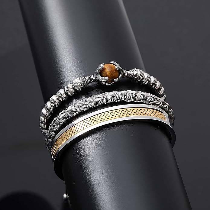 WFYOU 3PCS Stainless Steel Bracelets for Men Gold Roman Numeral Bangle Bracelet Twisted Cable Bracelet Adjustable Cuff Bracelet Mens Luxury Jewelry Bracelets Gifts