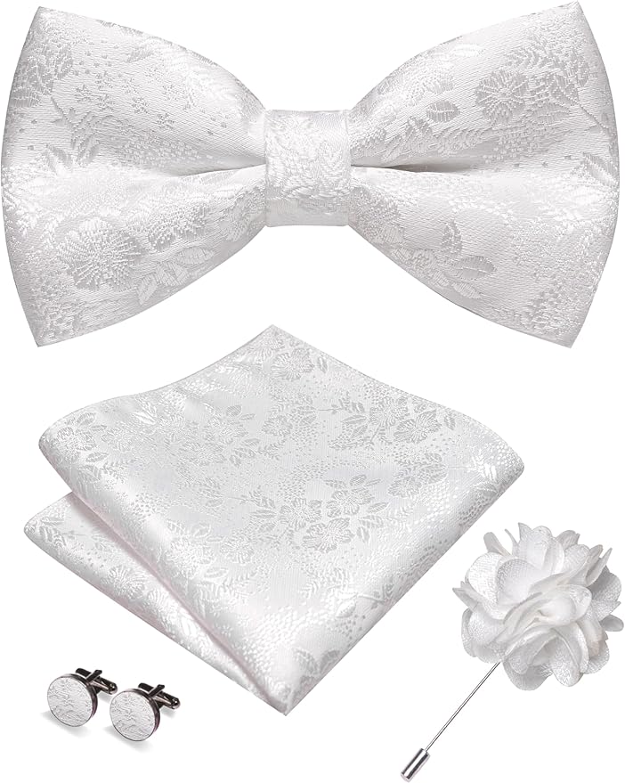 JEMYGINS Floral Pre-tied Bow Tie and Pocket Square Cufflinks Lapel Pin Sets for Men 4PCS