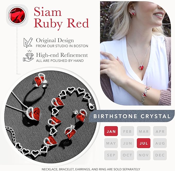 Leafael Infinity Love Heart Necklace, Stud Earrings, and Bracelet for Women, July Birthstone Crystal Jewelry, Silver Tone Gifts for Women, Siam Ruby Red