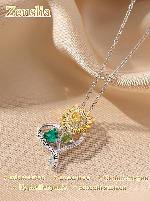 Zeuslia Double Birthstone Necklace Gifts for Wife - 925 Sterling Silver Sunflower/Rose/Crown Cross/Compass/Heart Pendant I Love You Necklace, Anniversary Birthday Gifts for Wife Girlfriend Mom Her