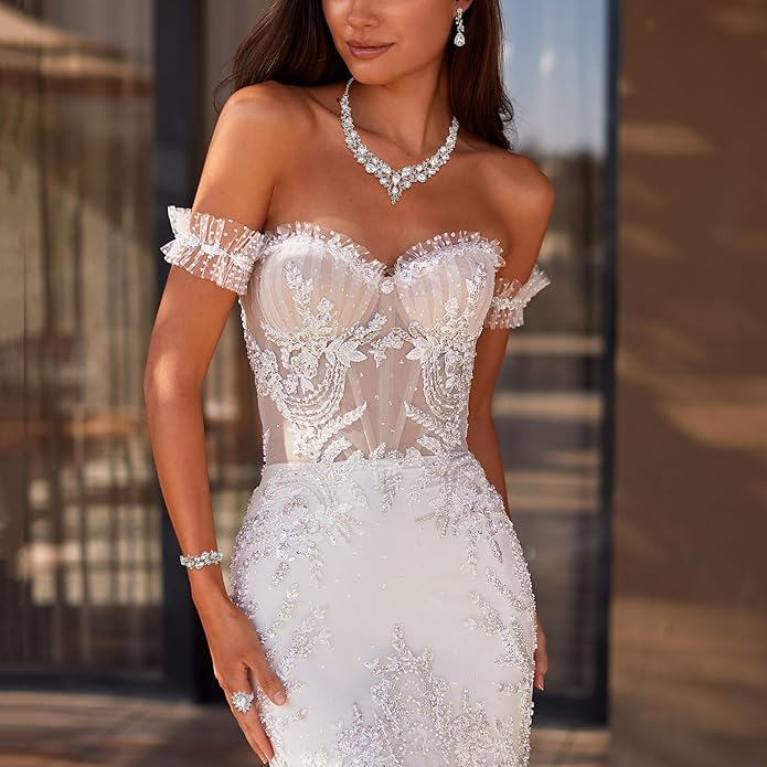 BriLove Wedding Bridal Jewelery for Women Austrian Crystal Teardrop Cluster Statement Necklace Dangle Earrings Link Bracelet Set