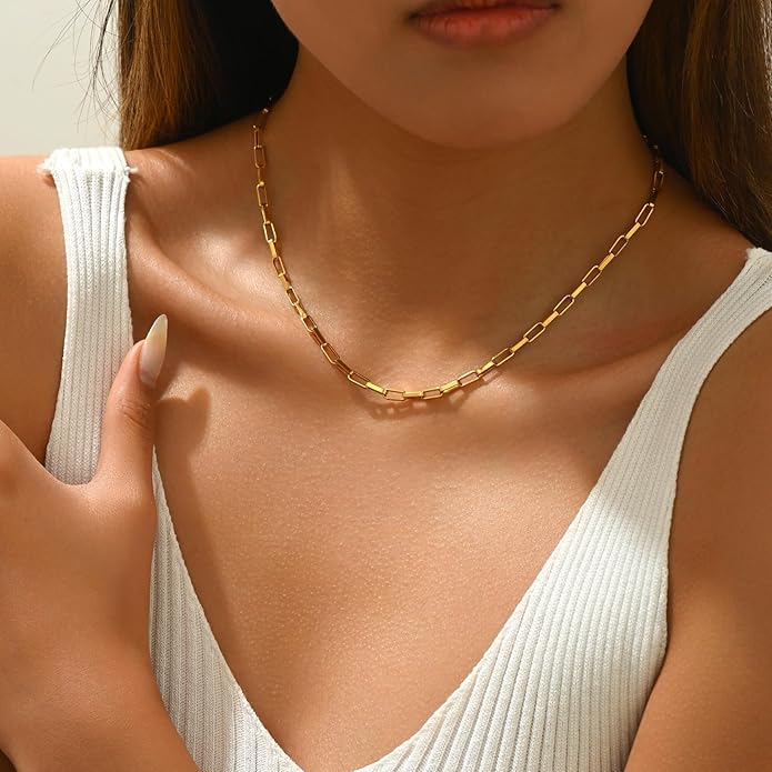 Dainty Chain Necklace for Women, 18K Gold Plated Coin Disc Choker Necklaces Simple Satellite Beaded Twisted Thin Paper Clip Chain Everyday Jewelry Gifts