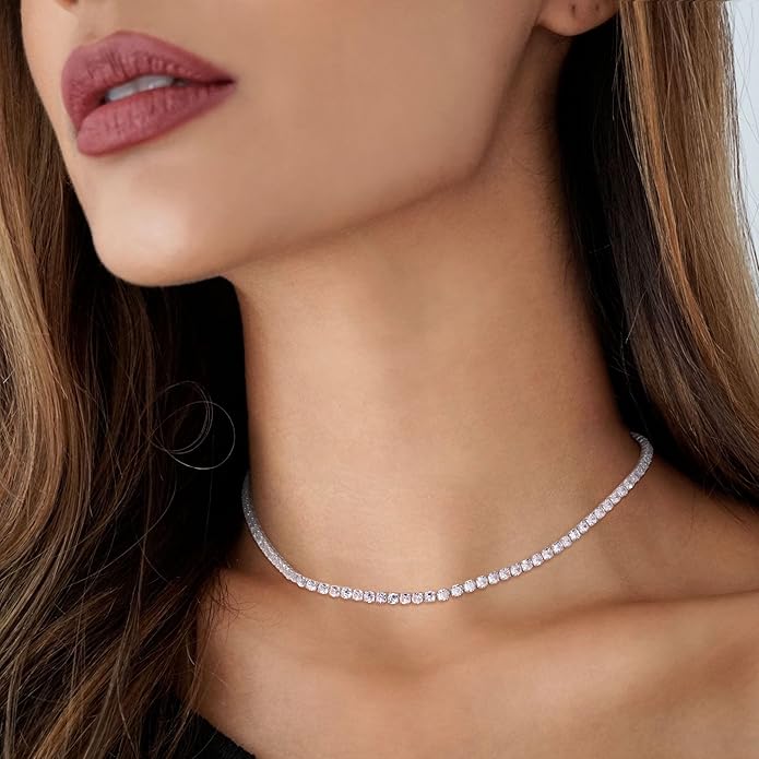Tennis Necklace for Women, 14K Gold/Silver Plated Rhinestone Choker Necklaces for Women, Dainty Cubic Zirconia Cut Faux Diamond Chain