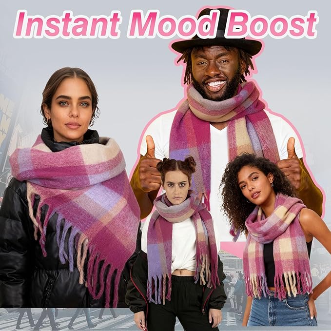 SHOHOKU Large Chunky Plaid Scarf Coloured Checked Oversized Scarf Tassel Soft Fall Winter Thick Warm Shawl Women