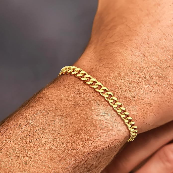 Cuban Link Bracelet for Men, 18K Gold Over Sterling Silver 6MM Cuban Link Bracelet Diamond Cut Cuban Chain Mens Bracelet Gifts for Boyfriend Father Husband