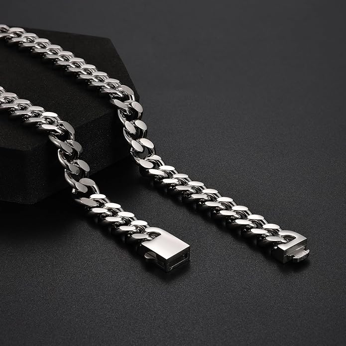 Fiusem Valentines Day Gifts for Him Silver Tone/Black/14K Gold Plated Chain Necklace for Men, 5mm/6mm/7.5mm/8mm/9mm Stainless Steel Cuban Link Chain Necklace, Men's Chains 18-28 Inch Jewelry Gifts